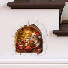 1pc 2D Christmas Window Sticker Squirrel Pine Branch Gift Pine Cone Red Gold Decorative Ball Warm Cute Window Glass Self-Adhesive Decorative Sticker - Multicolor - View 2