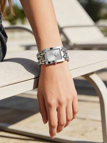 Guess Women's Chunky Chain Bracelet Watch, Rectangular Dial, Rhinestone Bezel, Radial Textured Dial, Quartz Analog Watch, Fashion Evening Party Style - one-size - View 4