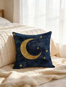 1pc Gold Moon & Stars Pillow Case, Blue Night Sky And Moon Design, 18*18 Inches, Soft Short Plush, Zipper Closure, Suitable For Living Room Sofa Bedroom Bed Head Decor Cushion Cover, Pillow Insert Not Included - Multicolor - View 2