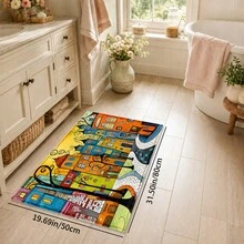 1pc Cartoon Town Pattern Printed Faux Cashmere Kitchen Mat, Absorbent Kitchen Rug, Kitchen Carpet, Long Strip Doormat, Sink Front Mat, Suitable For Kitchen, Bathroom, Entryway, Hallway, Laundry Room And Home Decor - Multicolor - View 14