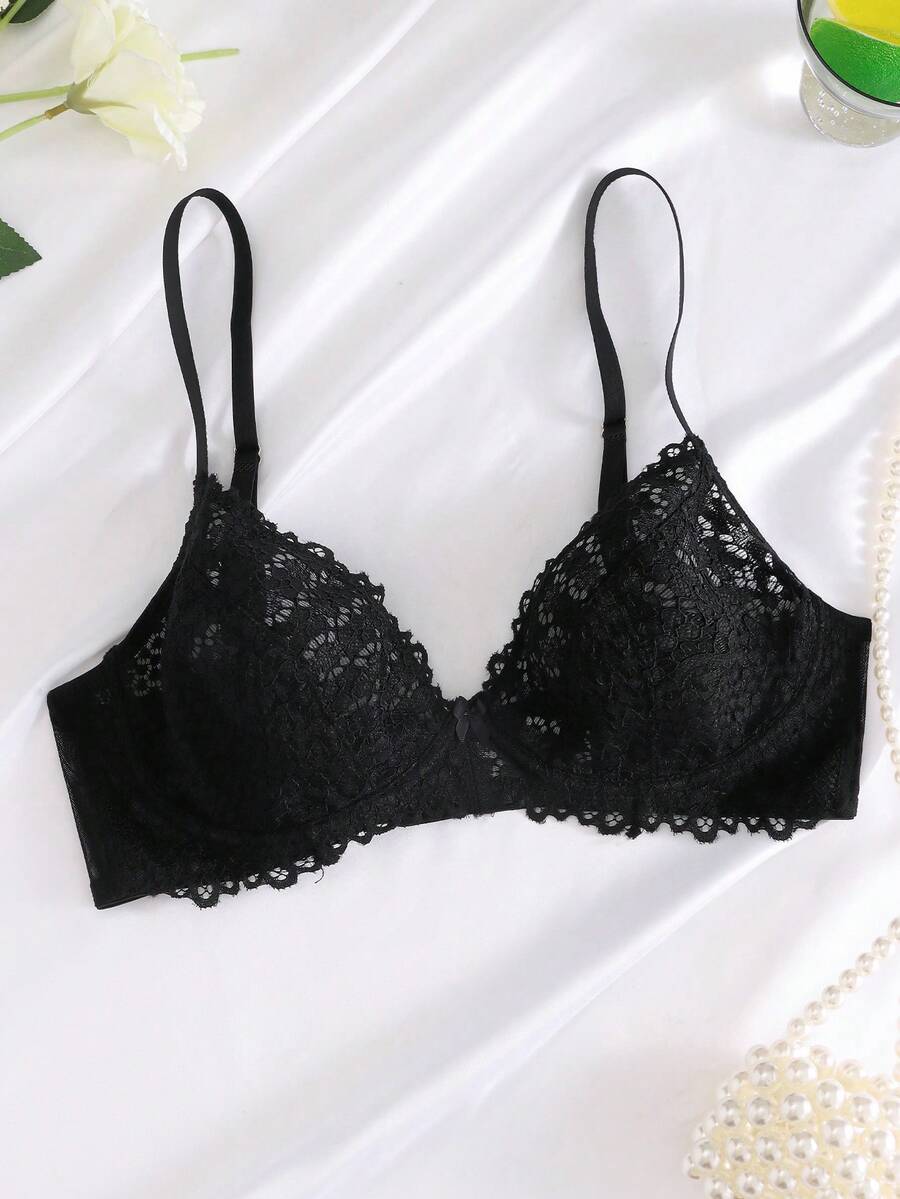 Women's Fashion Floral Lace Underwire Triangle Cup Bra - Black - View 1