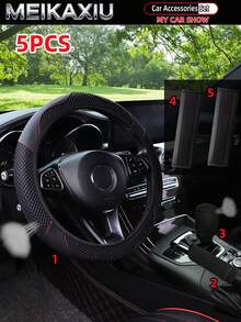 MEIKAXIU 5pcs Breathable PU Leather Diamond Mesh Steering Wheel Cover, Handbrake Cover, Gear Shift Cover, Suitable For 14.5-15 Inch Car Interior Decoration - PU Leather Mesh Style - View 14