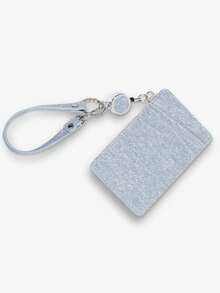 Business Casual Blue Denim Texture Transparent Window ID Badge Holder With Wrist Strap, Portable PU Leather Card Holder, Women's Style - Multicolor - View 6