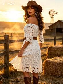 Vuslat Women's Autumn Fashion Casual Embroidered Hollow Off-Shoulder Short Dress, Suitable For Dating, Party, Back To School, Graduation, - White - View 8