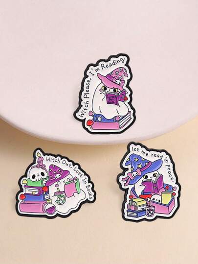 Reading Witch Ghost Enamel Pin Set Bookworm Meme Cute Dark Cartoon Lapel Badge For Backpack Jacket Decor