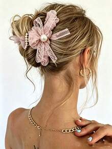 1pc Pearl Ribbon Ruched Mesh Hair Clip, Large Soft Hair Clip, Designed For Women, Suitable For Holiday Celebrations, Party Gatherings, Summer Hair Accessory Matching And Vacation Travel Wear - Regular Model - View 11