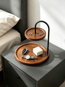 1pc 2‑Tier Walnut Wood Jewelry Tray, Black Metal Frame Round Desktop Organizer Tray, Decorative Vanity Display Holder For Keys Watch Rings Earrings, Entryway Nightstand Countertop Storage Decor - Multicolor - View 7