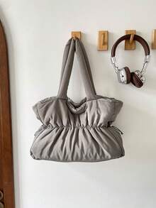 Autumn/Winter New Soft Puff-Feel Shoulder Tote Bag Ruched Cloud Bag - Grey - View 9