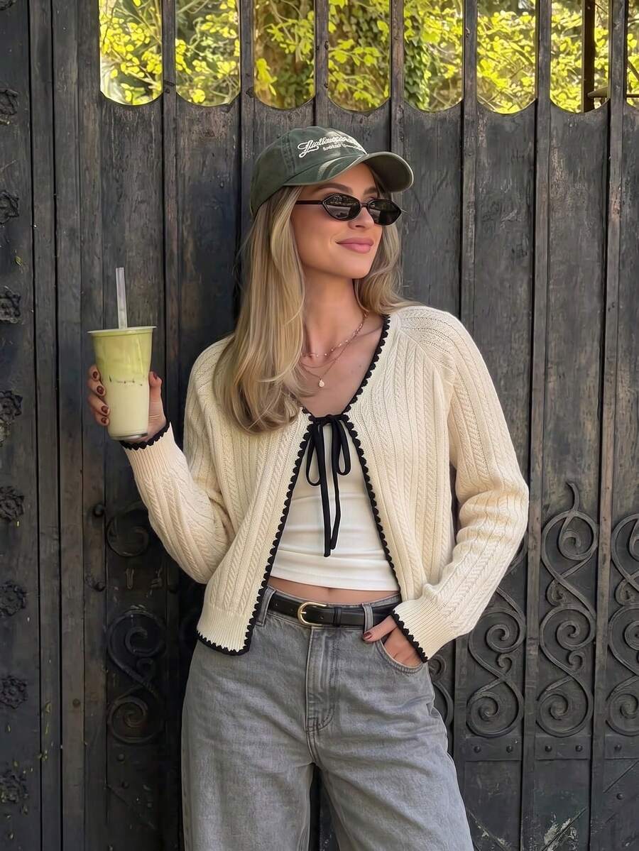 Gentle Style Lace-Up Outerwear, Full-Body Vertical Striped Cable Cable Contrast Color Wavy Hem, Versatile Short Knit Top, Suitable For Daily Commute, Date, Afternoon Tea - Apricot - View 1