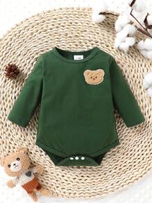 3pcs/Set, Baby Boy, Soft & Comfortable, Casual Fashion Cute, Cartoon Bear Patchwork Embroidery Print Pattern Solid Color Bodysuit, Baby Boy Clothing, Baby Supplies, Newborn Baby Boy Clothing, Baby Bodysuit, Baby, Suitable For Daily Wear, Vacation, Party, Outdoor Activities, Photography - Multicolor - View 4