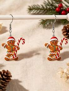 2D Flat Gingerbread Man Holding Candy Cane Acrylic Pendant Earrings With Floral Pattern, Perfect Gift For Pet Lovers, Suitable For Women, Parties And Christmas, All-Season Fashion Accessory, Gift - Multicolor - View 1
