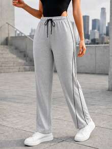 Women's Relaxed Fit Wide Leg Pants With Elastic Drawstring Waist And Contrast Side Trim Casual Lounge Trousers - Grey - View 2