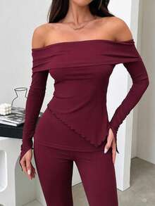 Women's Burgundy Asymmetric Hem Off-Shoulder Long Sleeve Top And Pants 2 Pieces Set, Elegant Casual Date Night Outfit, Christmas New Year Autumn/Winter Red Outfit, Vintage Style - Burgundy - View 5