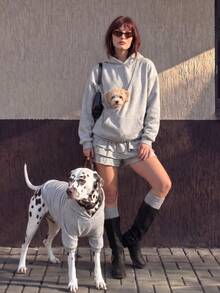 Women's Casual Fleece Lined Oversized Hooded Sweatshirt With Pockets, Essential For Pet Owners, Autumn/Winter Daily Wear - Light Grey - View 1