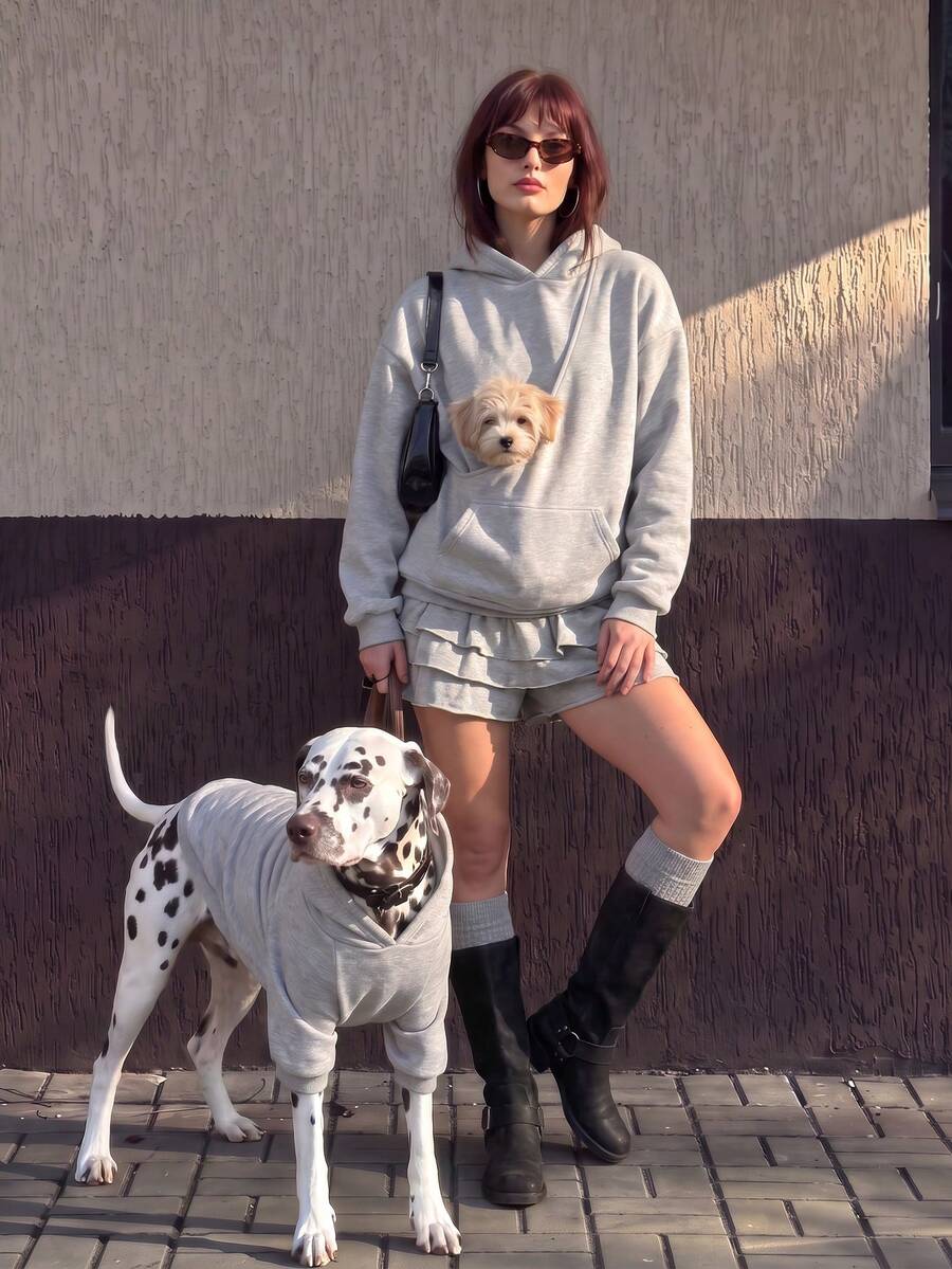 Women's Casual Fleece Lined Oversized Hooded Sweatshirt With Pockets, Essential For Pet Owners, Autumn/Winter Daily Wear - Light Grey - View 1