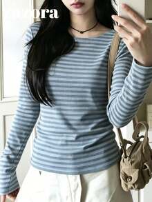 Kaos Lengan Panjang Bergaris Colorblock Serbaguna untuk Wanita, Atasan Pas Badan yang Melangsingkan untuk Musim Gugur - Biru - View 6