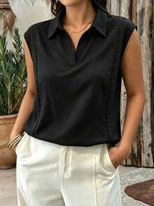 Spring/Summer Plus Size Women's White Linen Blend Lapel Sleeveless Shirt, Side Cutout Line Detail V-Neck Casual Top, Suitable For Daily And Commuting Wear - Black - View 3
