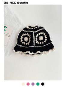 Colorful Handmade Contrast Color Minimalist Niche Design Crochet Hollow Drape Bucket Hat For Women, Artistic Face-Slimming Bucket Hat, Maillard Handmade Knitted Bucket Hat - Multicolor - View 4