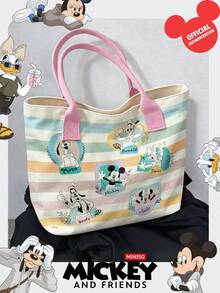 Miniso Disney Mickey And Friends Canvas Tote Bag With Pastel Striped Print Shoulder Bag With Handles For Daily Use - Pink - View 2