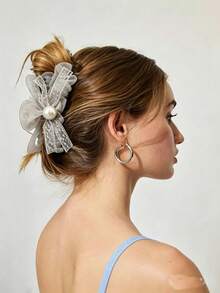 1pc Pearl Ribbon Ruched Mesh Hair Clip, Large Soft Hair Clip, Designed For Women, Suitable For Holiday Celebrations, Party Gatherings, Summer Hair Accessory Matching And Vacation Travel Wear - Regular Model - View 10