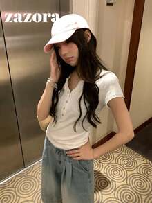 毛邊鈕扣短袖上衣，休閒舒適極簡修身T恤，夏季白色 - 白色 - 查看 1