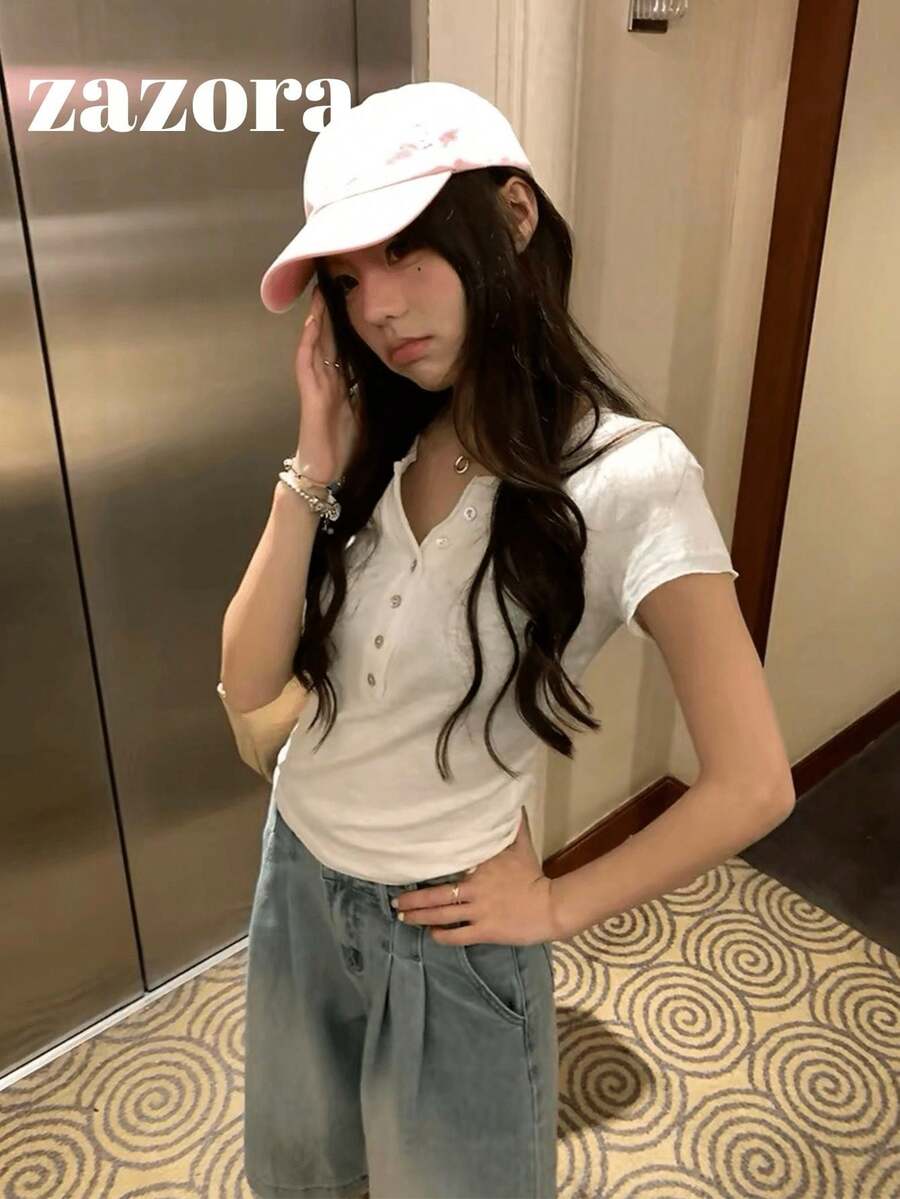 毛邊鈕扣短袖上衣,休閒舒適極簡修身T恤,夏季白色 - 白色 - 查看 1