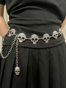 1pc Vintage Engraved Skull Chain Waist Belt Gothic Punk Halloween Costume Accessory For Women - Silver - View 8