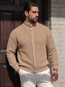 Men's Casual Loose Commuting Simple Solid Color Versatile Open Front Turndown Collar Long Sleeve Knit Cardigan Sweater, Suitable For Autumn And Winter Back To School - Khaki - View 1