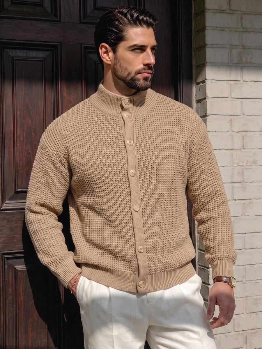 Men's Casual Loose Commuting Simple Solid Color Versatile Open Front Turndown Collar Long Sleeve Knit Cardigan Sweater, Suitable For Autumn And Winter Back To School - Khaki - View 1