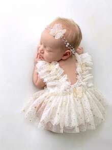 Newborn Baby Girl Photography Outfit, 3D Butterfly Decor Shiny Star Triangle Romper With Pearl Headband Set, Lace Trim Photo Romper - White - View 2