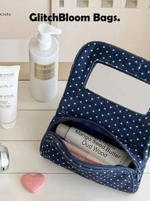 Polka Dot Makeup Bag With Built-In Mirror, Portable Zipper Makeup Storage Bag, Women's Travel Toiletry Bag, Cute Storage Box (Pendant Not Included) - Blue - View 4