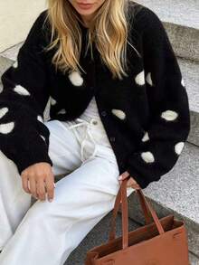 Women's Autumn/Winter Casual Polka Dot Thick Cardigan - Black - View 9