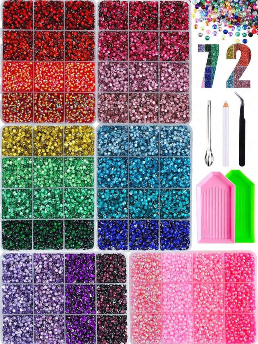 6 Boxes Random Mixed Color Shiny Decoration Set, Vibrant Mixed Color Flat Back Crystal Rhinestones, Includes Tweezers, Pen, Spoon, Tray DIY Tools, Suitable For Nail Art, Cup Decoration, Phone Case And Holiday Craft Projects - Multicolor - View 1