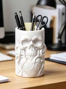 Skull Heart Embossed Makeup Brush Bucket Multifunctional Desktop Cosmetic Box Halloween Christmas Decor Vanity Rack Pen Holder Dual Use Dark Resin Beauty Organizer Gift - Multicolor - View 10