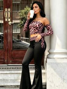 Women's Leopard Print Tube Top With Sleeve Cuffs And Flared Pants 2 Pieces Set, Y2K Hot Girl Style, Suitable For Daily Streetwear, Halloween And Party, Autumn Outfit - Multicolor - View 2