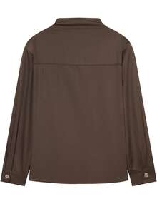 Atasan Wanita Elegan dengan Bahu Asimetris dan Leher Tinggi, Blus Drape Warna Polos yang Modis - Coklat - View 6