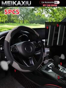 MEIKAXIU 5pcs Breathable PU Leather Diamond Mesh Steering Wheel Cover, Handbrake Cover, Gear Shift Cover, Suitable For 14.5-15 Inch Car Interior Decoration - PU Leather Mesh Style - View 18
