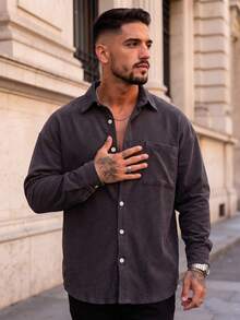 Lookun Casual Men's Neutral Style Spring Summer Autumn Winter Long Sleeve Button-Up Loose Fit Shirt, Minimalist Commuter Top - Grey - View 2