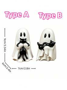 Cute Halloween Ghost-Shaped Black Cat Figurine, 3.5 Inches (Mini Size), Resin Material, Suitable For Multi-Layer Tray Decoration, Aesthetic Shelf Display Or Desktop Ornament; Also An Ideal Gift For Cat Lovers, Halloween Decor Figurine, Halloween Gift - Halloween B - View 2