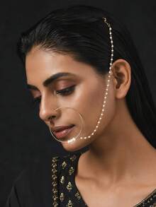 STONEFANS 1pc Gold Pearl Nose Ring Chain For Women, Large Hoop Nath Nathni, Bridal Face Jewelry For Wedding Festival Party - Gold - View 2