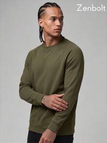 Zenbolt Men's Basic Crew Neck Sweatshirt, Raglan Sleeve Comfortable Skin-Friendly Pullover, Casual Long Sleeve Men's Top - Army Green - View 2
