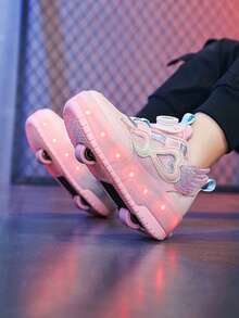 Unisex LED Rechargeable Light-Up Roller Shoes, Children's Multi-Functional Transformable Roller Skates With Detachable Wheels, Suitable For All Seasons, Outdoor And Sports - Pink - View 6