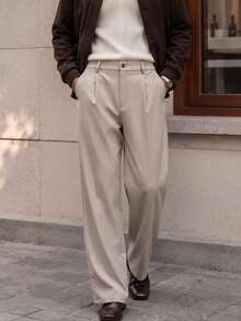 Lookun New Spring/Autumn Men's Solid Color Old Money Style Business Casual Daily Commute Gentleman Retro Straight Leg Trousers - Apricot - View 4