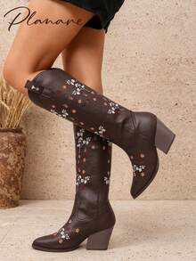 planare New Women's Popular Fashion Retro Western Style With Embroidered Floral Design Slip-On Pointed Toe Chunky Heel Brown Mid-Calf Boots - Brown - View 2