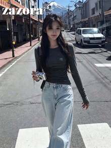 Korean Style Slim Fit Elastic Slimming Long Sleeve Inner Layer/Standalone T-Shirt For Women, Early Autumn - Grey - View 1