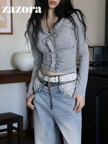 Korean Style Niche Exquisite 3D Ruffle Trim Long Sleeve T-Shirt Women's Inner Layer Top - Grey - View 9