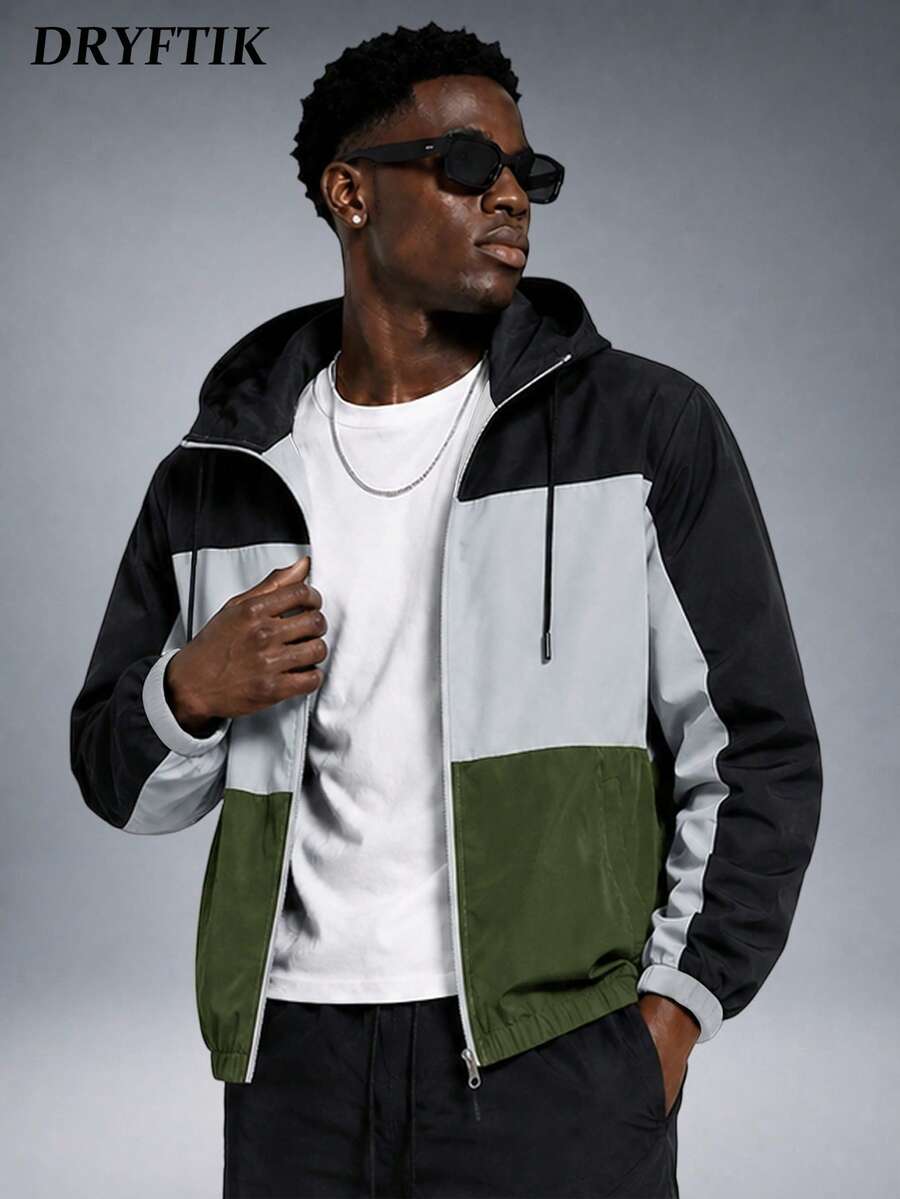 Men's Colorblock Patchwork Hooded Jacket, Lightweight Windproof Fabric, Drawstring Design, Casual Commute, Versatile Style - Army Green - View 1