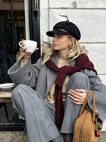 Waffle Octagonal Newsboy Cap, Black, Metal Buckle Decor, Vintage Casual Style, Autumn/Winter - Multicolor - View 2