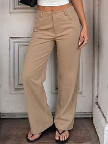 Women's Khaki High Waist Wide Leg Pants Solid Color Button Fly Casual Loose Trousers With Pockets - Khaki - View 2