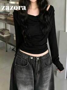 Korean Style Slimming Cold Shoulder Versatile Long Sleeve T-Shirt Top Autumn Clothing - Black - View 10